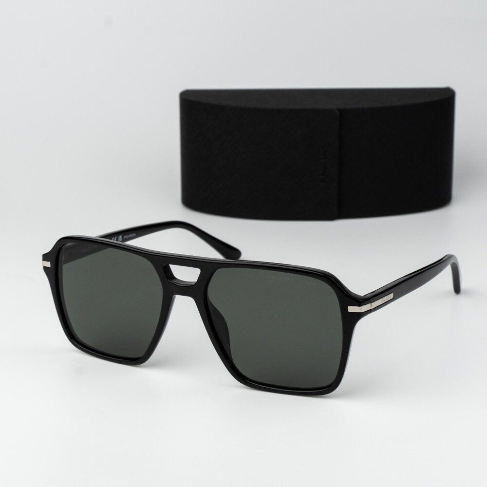 Prada Men Sunglasses Black Green Polarized Pilot PR20YS 1AB03R NEW AUTHENTIC